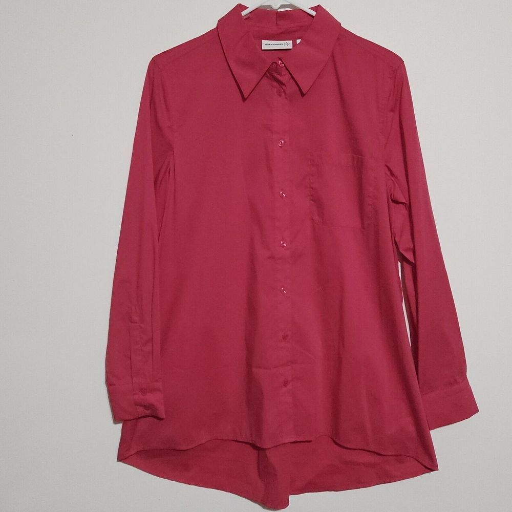 Susan Graver Shirt Size 8 Button Front Hi-Low Hem Pocket Long Sleeve Pink Flaw